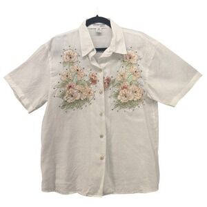 Vintage Linen Button‎ Up Blouse White Small
